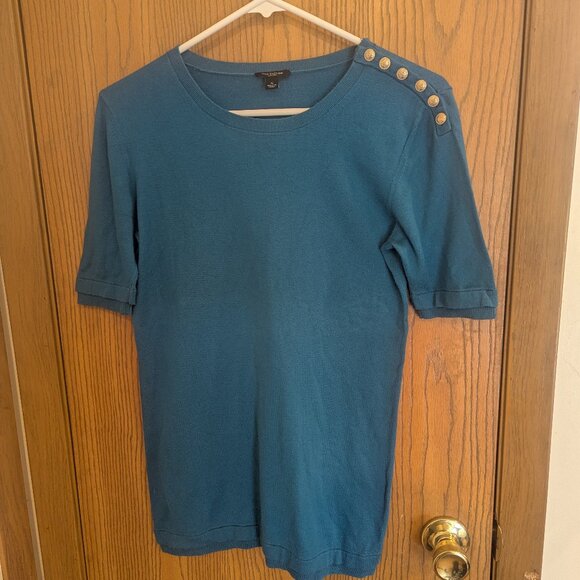 Ann Taylor Teal Blue Short Sleeve Knit Gold Button Sweater Top- Size Small - Picture 1 of 5
